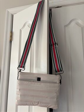 Think Royln White Crossbody Messenger Bag with Striped Adjustable Strap